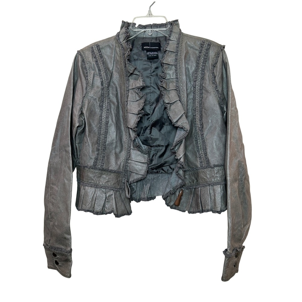 y2k Ruffle Leather Jacket Womens Large Grey Cropped Romantic Peplum Whimsigoth
